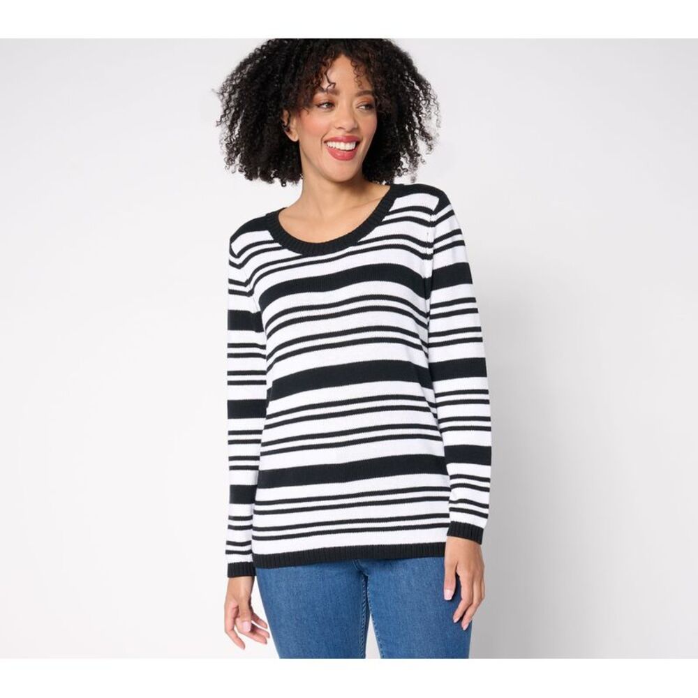 Denim & Co. Women's Top Plus Sz Sweater 1X 100% Cotton Striped Black A677649